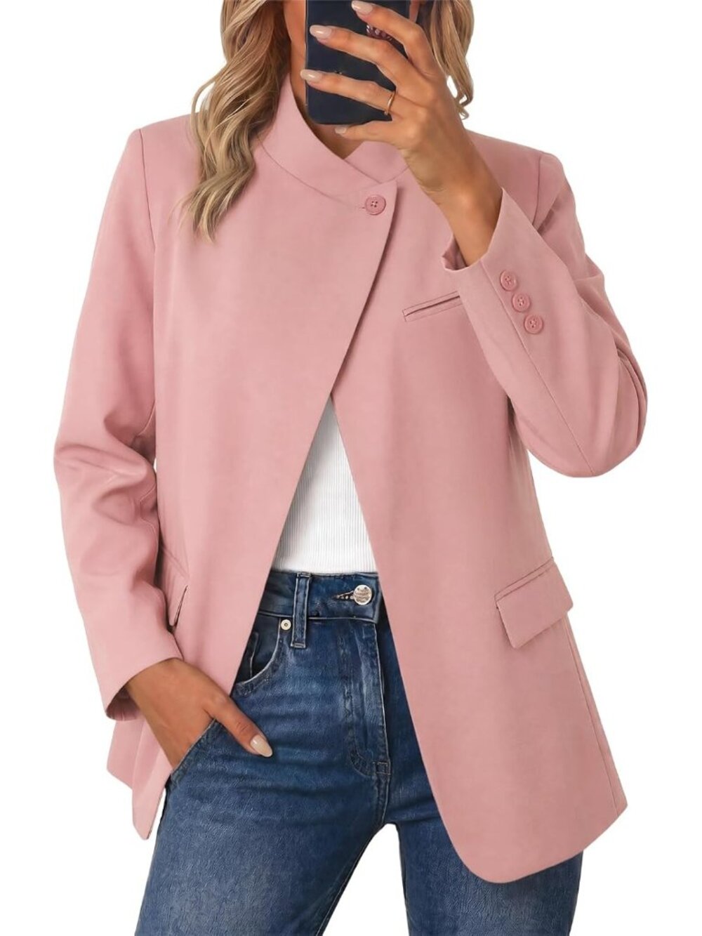 Women's Pink Plaid Blazer Business Stand Collar Open Front Trendy Suit Jacket